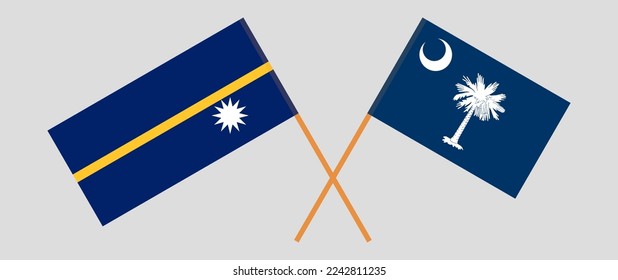 Banderas cruzadas de Nauru y el estado de Carolina del Sur. Colores oficiales. Proporción correcta. Ilustración del vector
