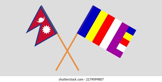 Crossed flags of Nepal and Buddhism. Official colors. Correct proportion. Vector illustration
