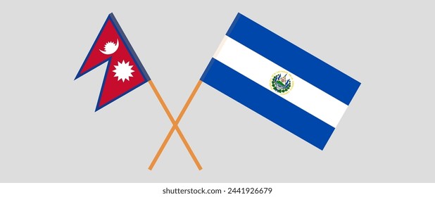 Crossed flags of Nepal and El Salvador. Official colors. Correct proportion. Vector illustration
