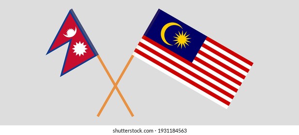 Crossed flags of Nepal and Malaysia. Official colors. Correct proportion