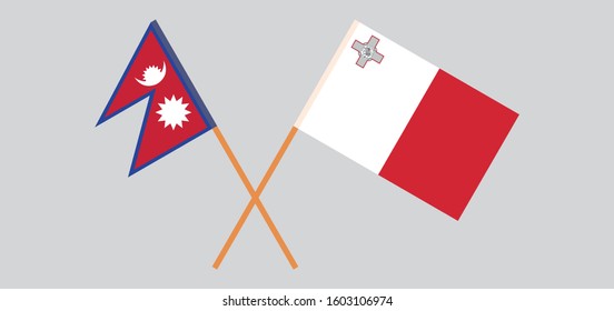 Crossed flags of Nepal and Malta. Official colors. Correct proportion. Vector illustration
