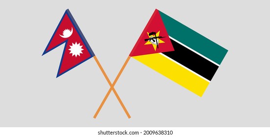 Crossed flags of Nepal and Mozambique. Official colors. Correct proportion