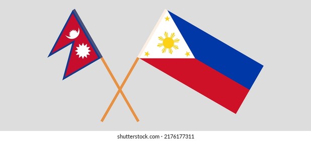 Banderas cruzadas de Nepal y Filipinas. Colores oficiales. Proporción correcta. Ilustración del vector
