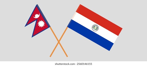 Crossed flags of Nepal and Republic of Paraguay. Official colors. Correct proportion. Vector illustration.
