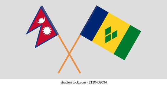 Crossed flags of Nepal and Saint Vincent and the Grenadines. Official colors. Correct proportion. Vector illustration
