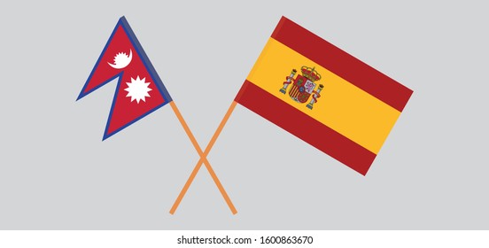 Crossed flags of Nepal and Spain. Official colors. Correct proportion. Vector illustration
