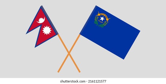Banderas cruzadas de Nepal y del Estado de Nevada. Colores oficiales. Proporción correcta. Ilustración del vector
