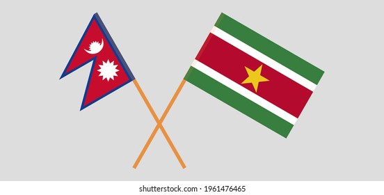 Crossed flags of Nepal and Suriname. Official colors. Correct proportion