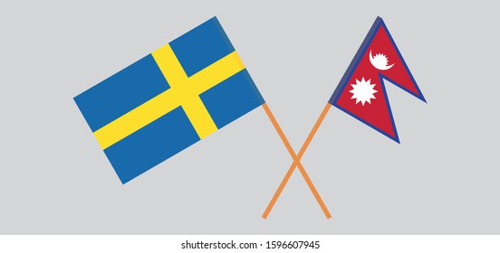 Crossed flags of Nepal and Sweden. Official colors. Correct proportion. Vector illustration
