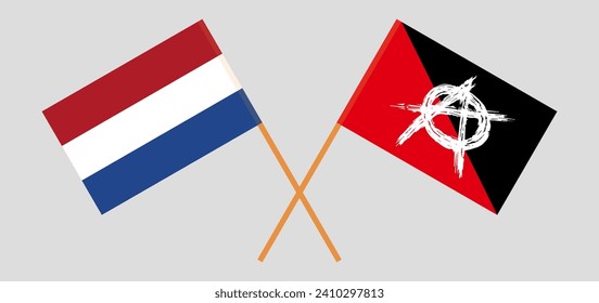 Crossed flags of the Netherlands and anarchy. Official colors. Correct proportion. Vector illustration
