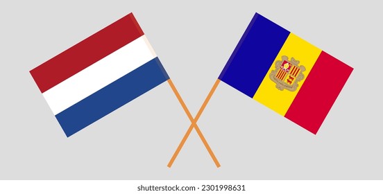 Crossed flags of the Netherlands and Andorra. Official colors. Correct proportion. Vector illustration
