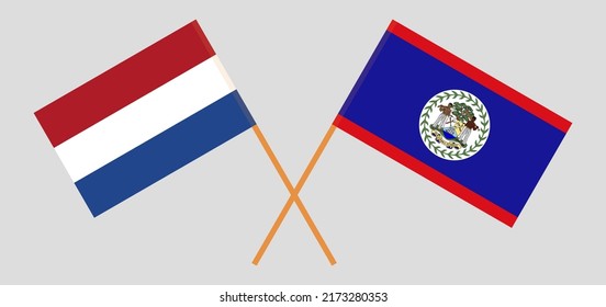 Crossed flags of the Netherlands and Belize. Official colors. Correct proportion. Vector illustration
