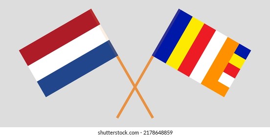 Crossed flags of the Netherlands and Buddhism. Official colors. Correct proportion. Vector illustration
