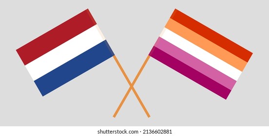Crossed flags of the Netherlands and Lesbian Pride. Official colors. Correct proportion. Vector illustration