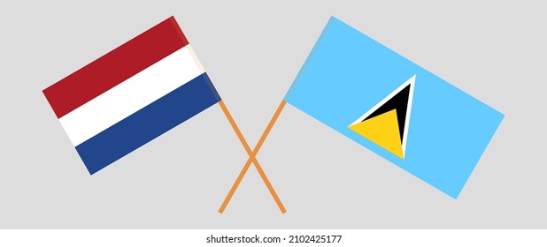 Crossed flags of the Netherlands and Saint Lucia. Official colors. Correct proportion. Vector illustration
