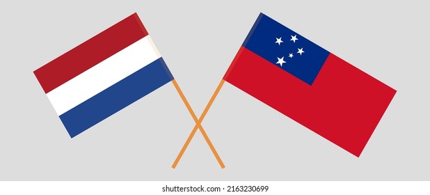 Überkreuzte Flaggen der Niederlande und Samoa. Offizielle Farben. Richtiger Anteil. Vektorgrafik
