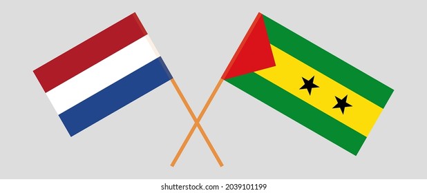 Crossed flags of the Netherlands and Sao Tome and Principe. Official colors. Correct proportion