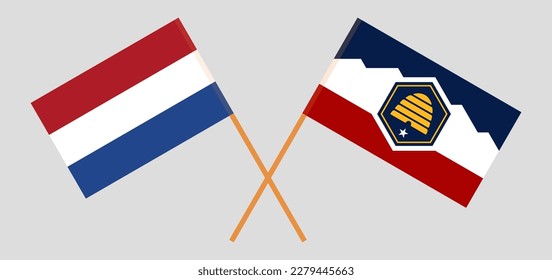 Banderas cruzadas de los Países Bajos y el Estado de Utah. Colores oficiales. Proporción correcta. Ilustración del vector