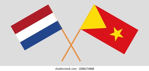 Crossed flags of the Netherlands and Tigray. Official colors. Correct proportion. Vector illustration
