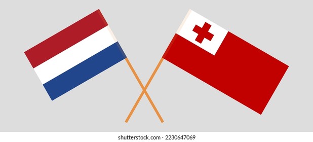 Banderas cruzadas de los Países Bajos y Tonga. Colores oficiales. Proporción correcta. Ilustración del vector
