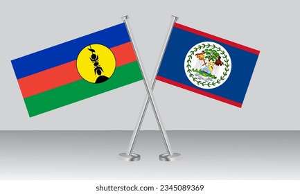 Crossed flags of New Caledonia and Belize. Official colors. Correct proportion. Banner design
