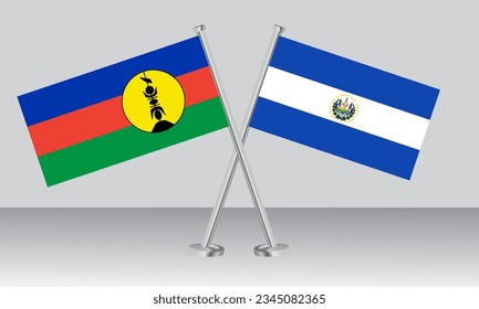 Banderas cruzadas de Nueva Caledonia y El Salvador. Colores oficiales. Proporción correcta. Diseño de pancartas
