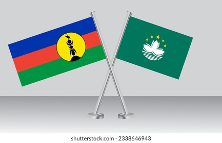 Crossed flags of New Caledonia and Macau. Official colors. Correct proportion. Banner design
