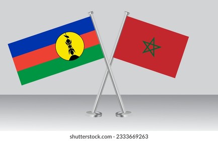 Banderas cruzadas de Nueva Caledonia y Marruecos. Colores oficiales. Proporción correcta. Diseño de pancartas
