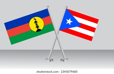 Crossed flags of New Caledonia and Puerto Rico. Official colors. Correct proportion. Banner design
