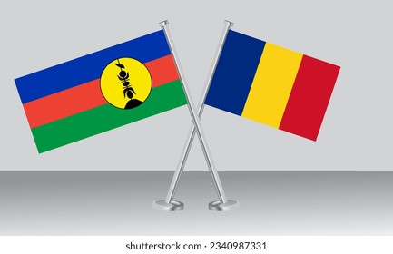Crossed flags of New Caledonia and Romania. Official colors. Correct proportion. Banner design
