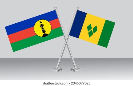 Crossed flags of New Caledonia and Saint Vincent and the Grenadines. Official colors. Correct proportion. Banner design
