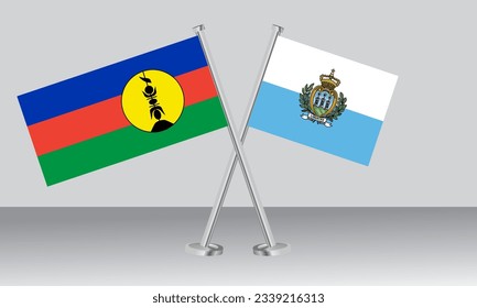 Crossed flags of New Caledonia and San Marino. Official colors. Correct proportion. Banner design
