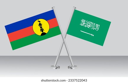Banderas cruzadas de Nueva Caledonia y Arabia Saudita. Colores oficiales. Proporción correcta. Diseño de pancartas
