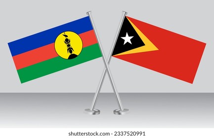 Crossed flags of New Caledonia and Timor Leste. Official colors. Correct proportion. Banner design
