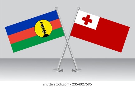 Überkreuzte Flaggen von Neukaledonien und Tonga. Offizielle Farben. Richtiger Anteil. Banner-Design
