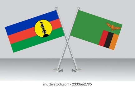 Crossed flags of New Caledonia and Zambia. Official colors. Correct proportion. Banner design
