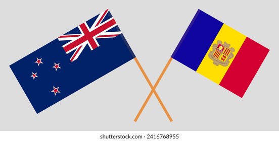 Crossed flags of New Zealand and Andorra. Official colors. Correct proportion. Vector illustration
