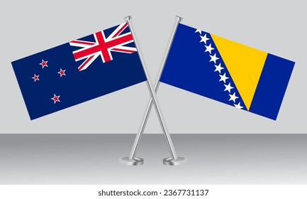 Crossed flags of New Zealand and Bosnia and Herzegovina. Official colors. Correct proportion. Banner design
