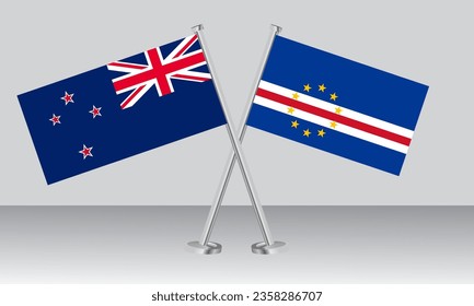 Crossed flags of New Zealand and CAPE VERDE. Official colors. Correct proportion. Banner design
