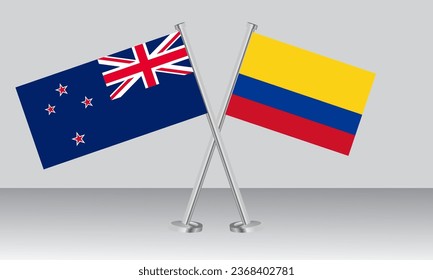Crossed flags of New Zealand and Colombia. Official colors. Correct proportion. Banner design
