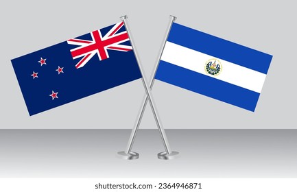 Crossed flags of New Zealand and El Salvador. Official colors. Correct proportion. Banner design
