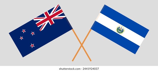 Crossed flags of New Zealand and El Salvador. Official colors. Correct proportion. Vector illustration
