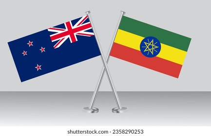 Crossed flags of New Zealand and Ethiopia. Official colors. Correct proportion. Banner design
