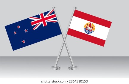 Crossed flags of New Zealand and French Polynesia. Official colors. Correct proportion. Banner design
