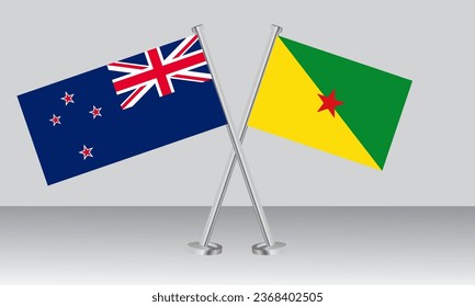 Crossed flags of New Zealand and  French Guiana. Official colors. Correct proportion. Banner design
