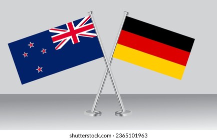 Crossed flags of New Zealand and Germany. Official colors. Correct proportion. Banner design
