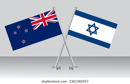 Crossed flags of New Zealand and Israel. Official colors. Correct proportion. Banner design
