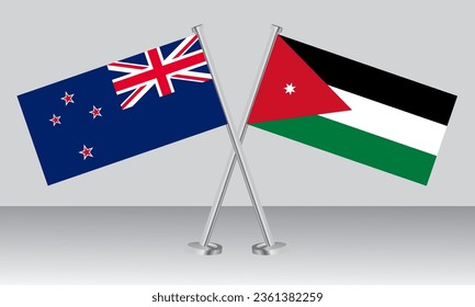 Crossed flags of New Zealand and Jordan. Official colors. Correct proportion. Banner design
