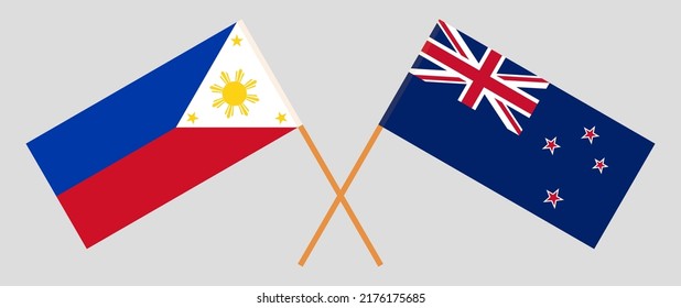 Crossed flags of New Zealand and the Philippines. Official colors. Correct proportion. Vector illustration
