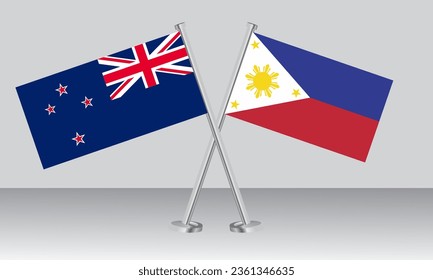 Crossed flags of New Zealand and Philippines. Official colors. Correct proportion. Banner design
